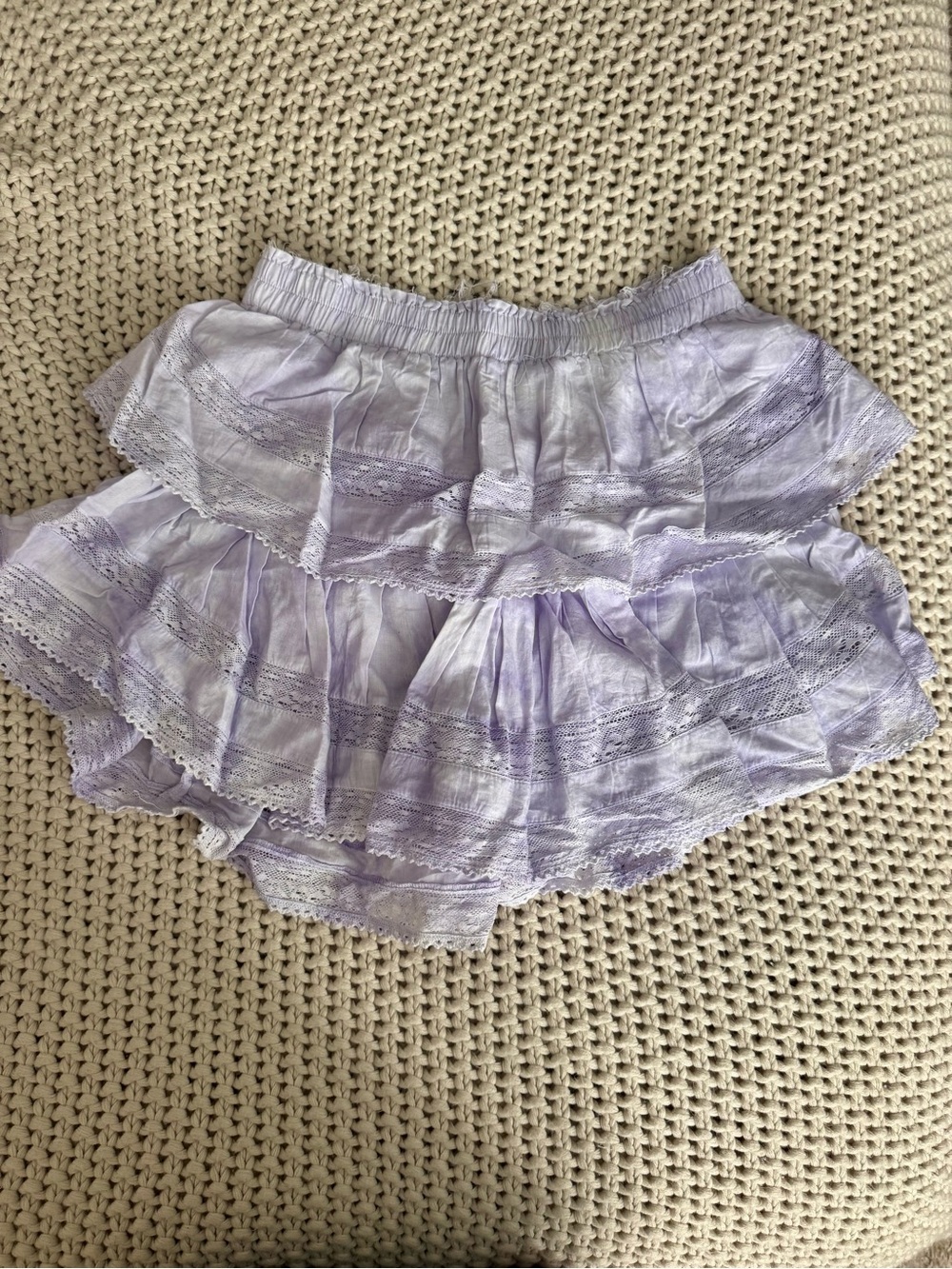 LoveShackFancy purple tie dye mini ruffle skirt